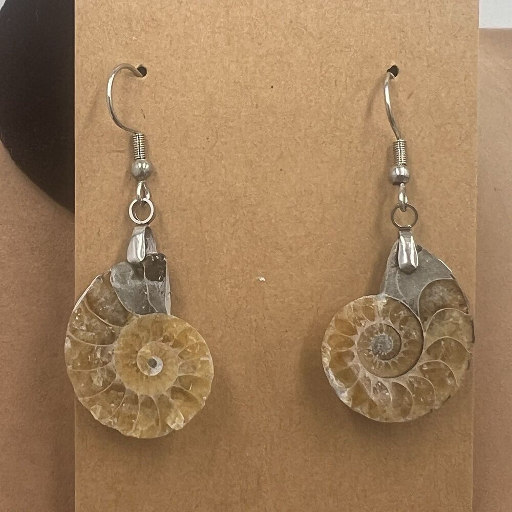 Natural Ammonite Fossil Gesmtone Silver Earrings Handmade Lightweight Miniature